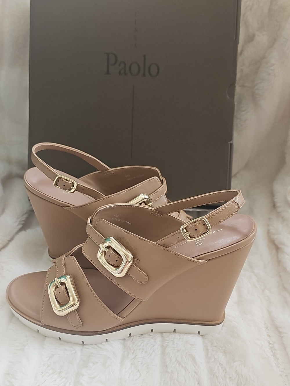 Paolo Women's Beige Wedge Sandals with Gold Buckles
